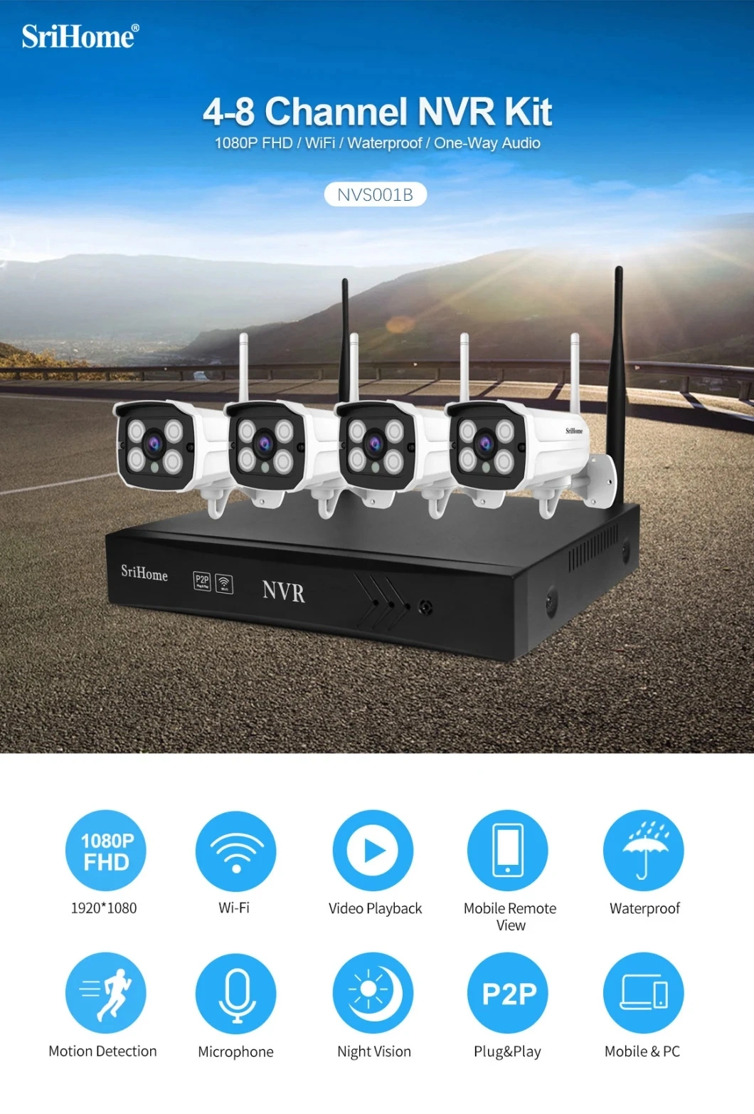 Tuya Wireless 8CH 2MP Waterproof NVR Kit WiFi Home Security Camera System